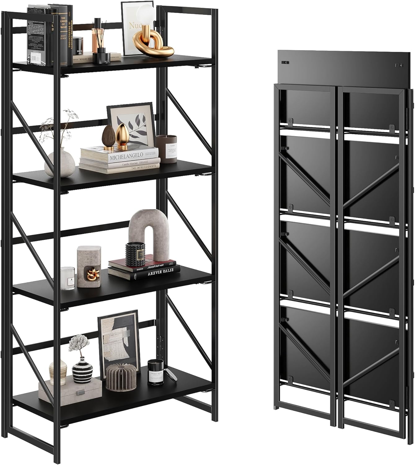 JSB No Assembly Folding Bookshelf, 4 Tier Industrial Metal Book Shelf for Storage, Vintage Wood Foldable Bookcase for Living Room, Bedroom, Office Organization Shelves — Black / Flat Tube 4-Tier