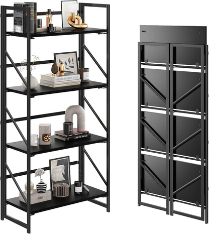 JSB No Assembly Folding Bookshelf, 4 Tier Industrial Metal Book Shelf for Storage, Vintage Wood Foldable Bookcase for Living Room, Bedroom, Office Organization Shelves — Black / Flat Tube 4-Tier