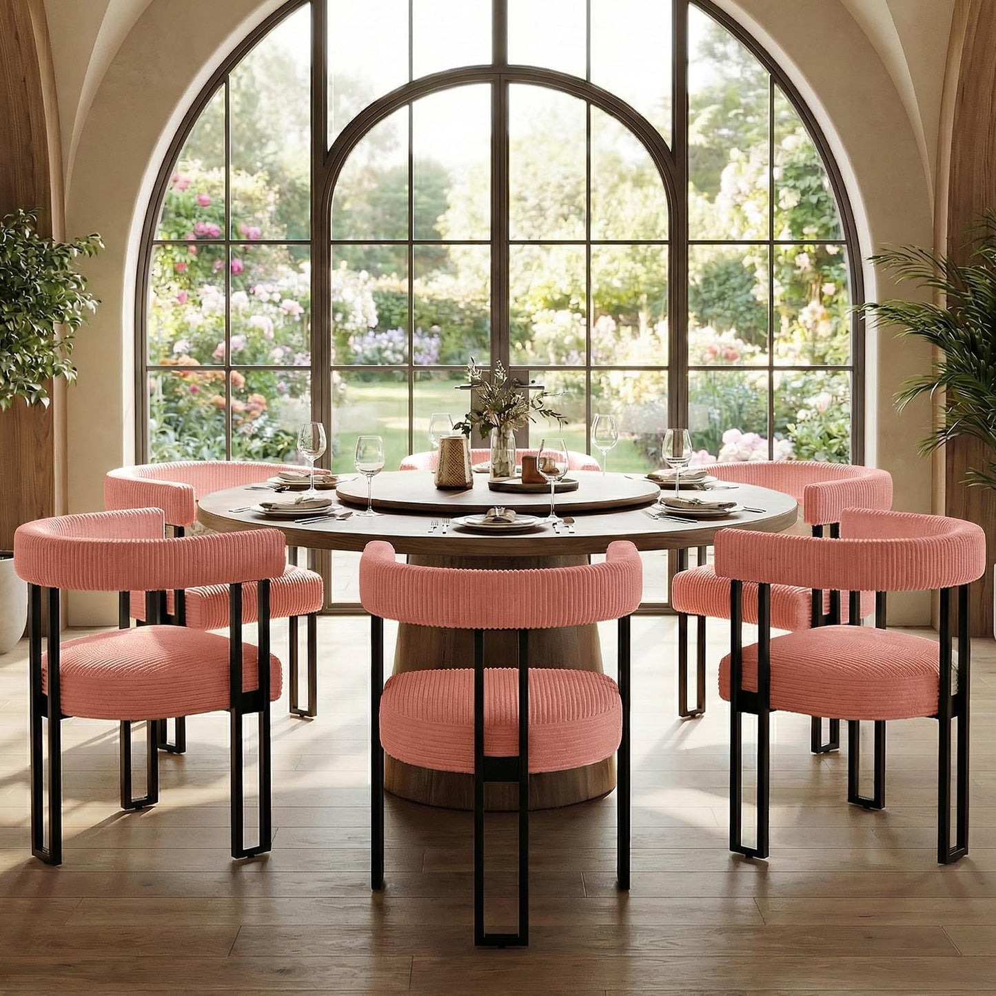 VIRRMO Boucle Dining Chair Set of 4 Corduroy Upholstered Dining Room Chairs Kitchen Chairs with Metal Legs Mid Century Modern Chair for Dining Room, Kitchen (Cream, 4) — Pink / 6
