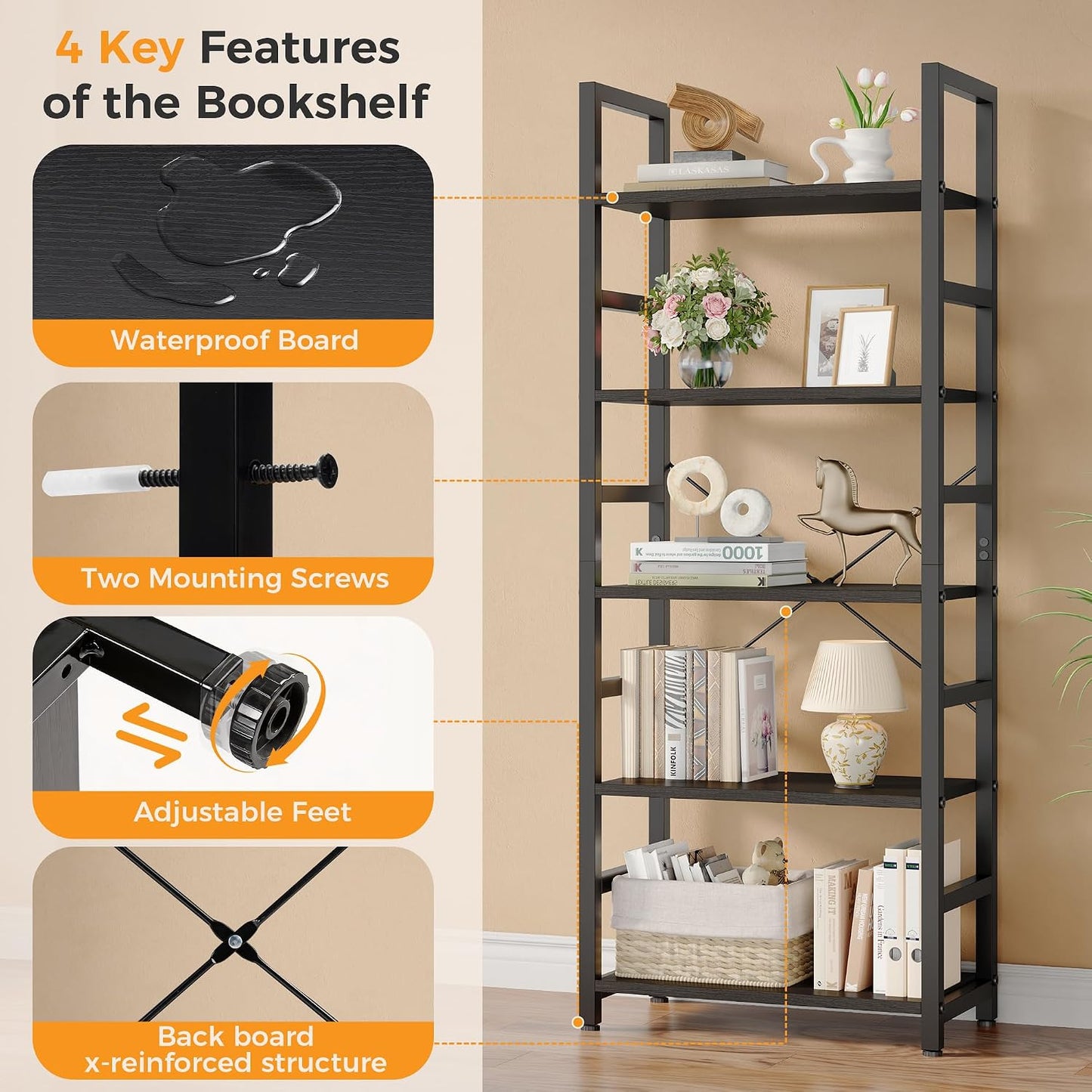 DUMOS 5-Tier Bookshelf, Modern Tall Bookcase Book Shelf | Open Storage Display Shelf for Living Room, Bedroom, Home Office, Narrow Standing Shelving Unit for Books, CDs, Décor Black — Modern Black / 5 Tier (8)