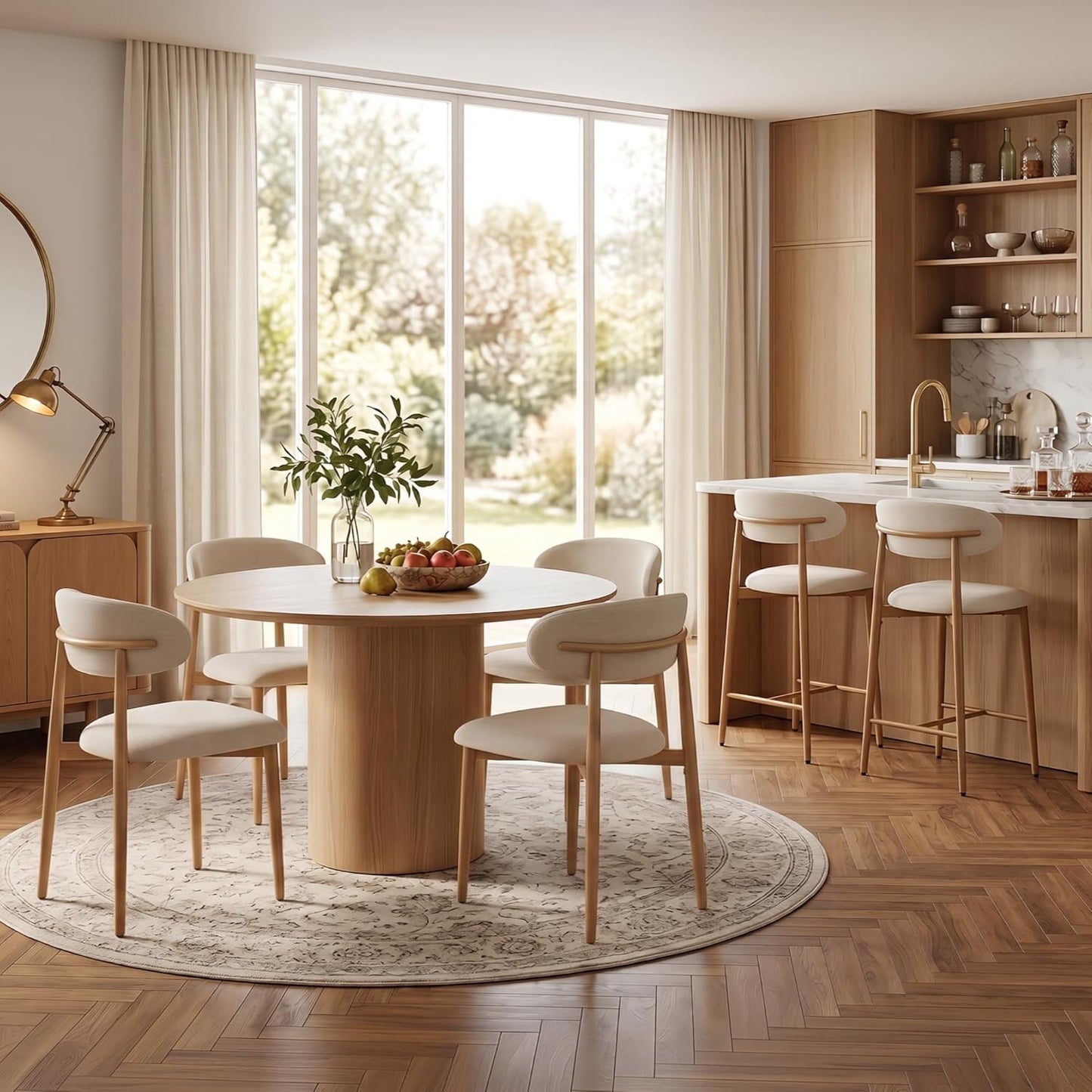 UVV Dining Chairs Set of 4, Metal Kitchen Chairs with Modern Fabric Upholstered for Dining Room, Beige — Beige Seat /Wood-grain Metal Legs / 4 (5)