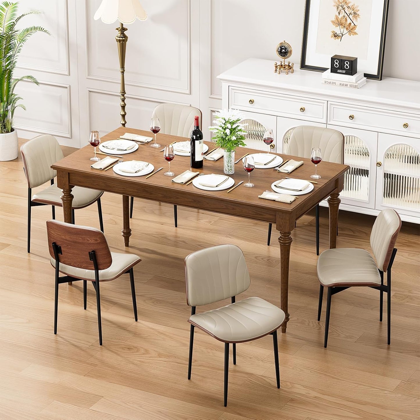 YaFiti Mid Century Dining Chairs Set of 4 with Walnut Bentwood, Greige | Ergonomic Walnut Backrest, Upholstered Waterproof PU Leather Seat, Stable Metal Legs, Adjustable Footpads, Apartment Friendly — Greige Scallop / 6