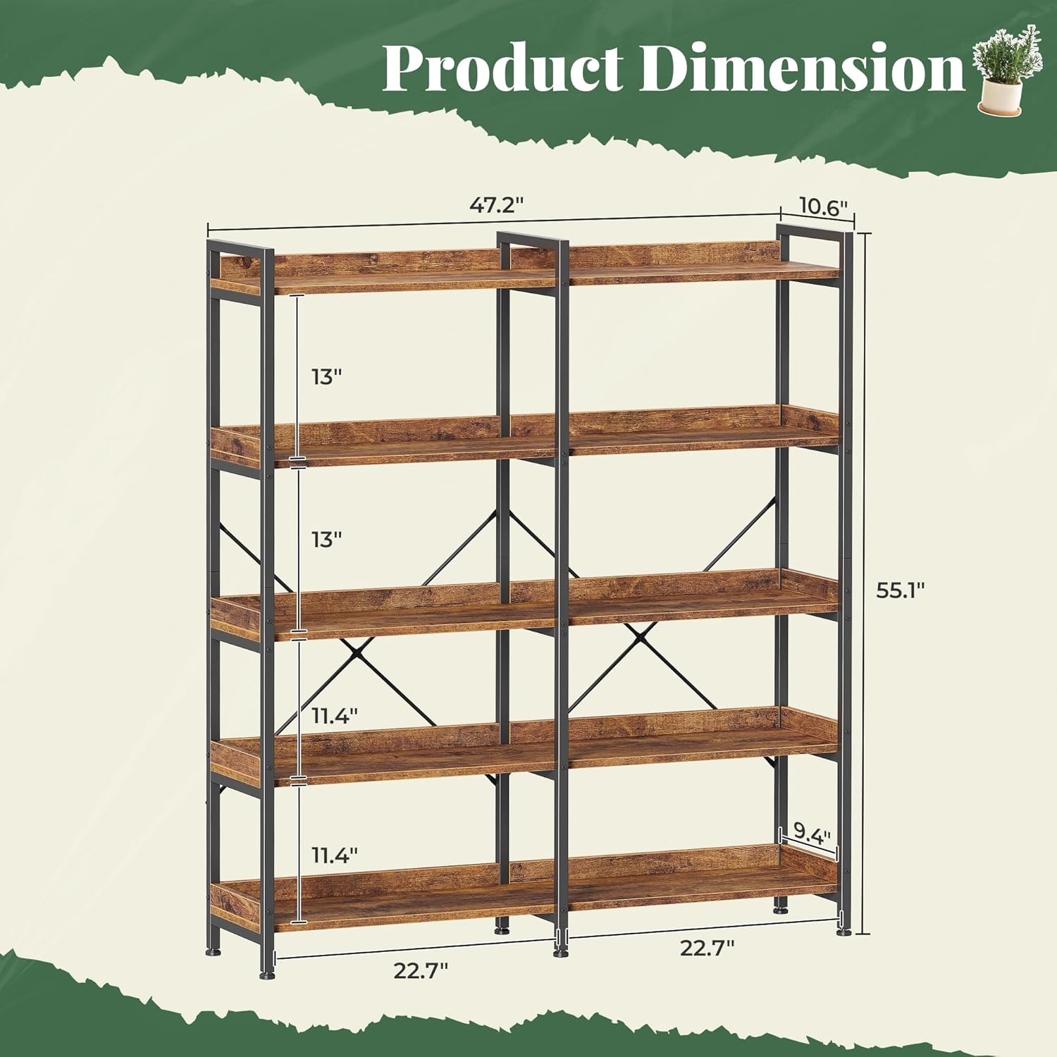 Huuger 5 Tier Bookshelf, Display Bookshelf with 10 Open Shelves and Raised Baffle, 47.2 Inch Straight Wide Bookcase with Metal Frame and Wooden Board, Adjustable Feet, Rustic Brown — 5 Tier / Rustic Brown (2)