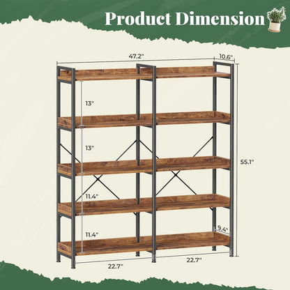 Huuger 5 Tier Bookshelf, Display Bookshelf with 10 Open Shelves and Raised Baffle, 47.2 Inch Straight Wide Bookcase with Metal Frame and Wooden Board, Adjustable Feet, Rustic Brown — 5 Tier / Rustic Brown (2)