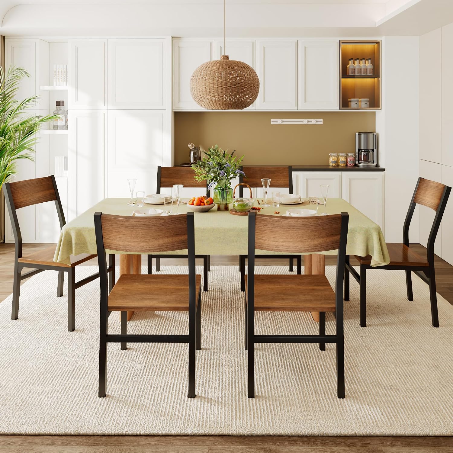 Feonase Dining Chairs Set of 6, Modern Kitchen Chairs with Ergonomic Backrest, MDF Board and Metal Legs, Dinner Chairs for Dining Room, Kitchen and Living Room, Walnut — Walnut