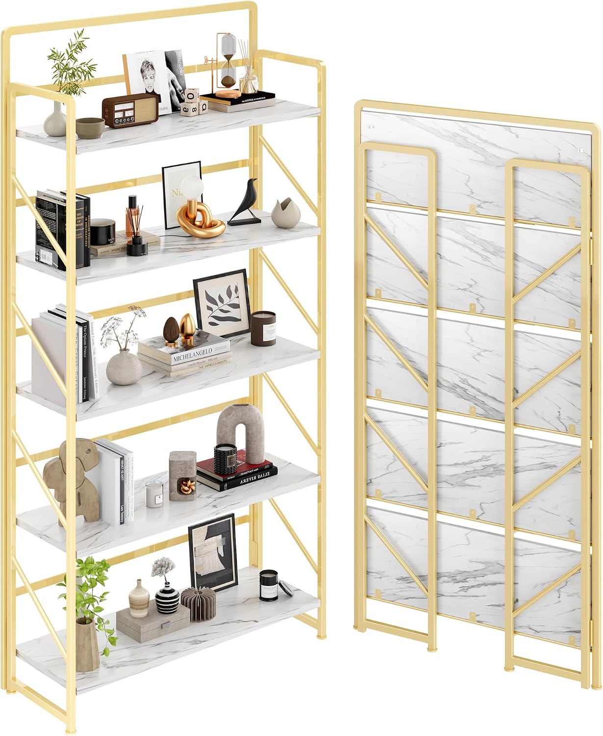 JSB No Assembly Folding Bookshelf, 4 Tier Industrial Metal Book Shelf for Storage, Vintage Wood Foldable Bookcase for Living Room, Bedroom, Office Organization Shelves — White&gold / Wide 5-Tier