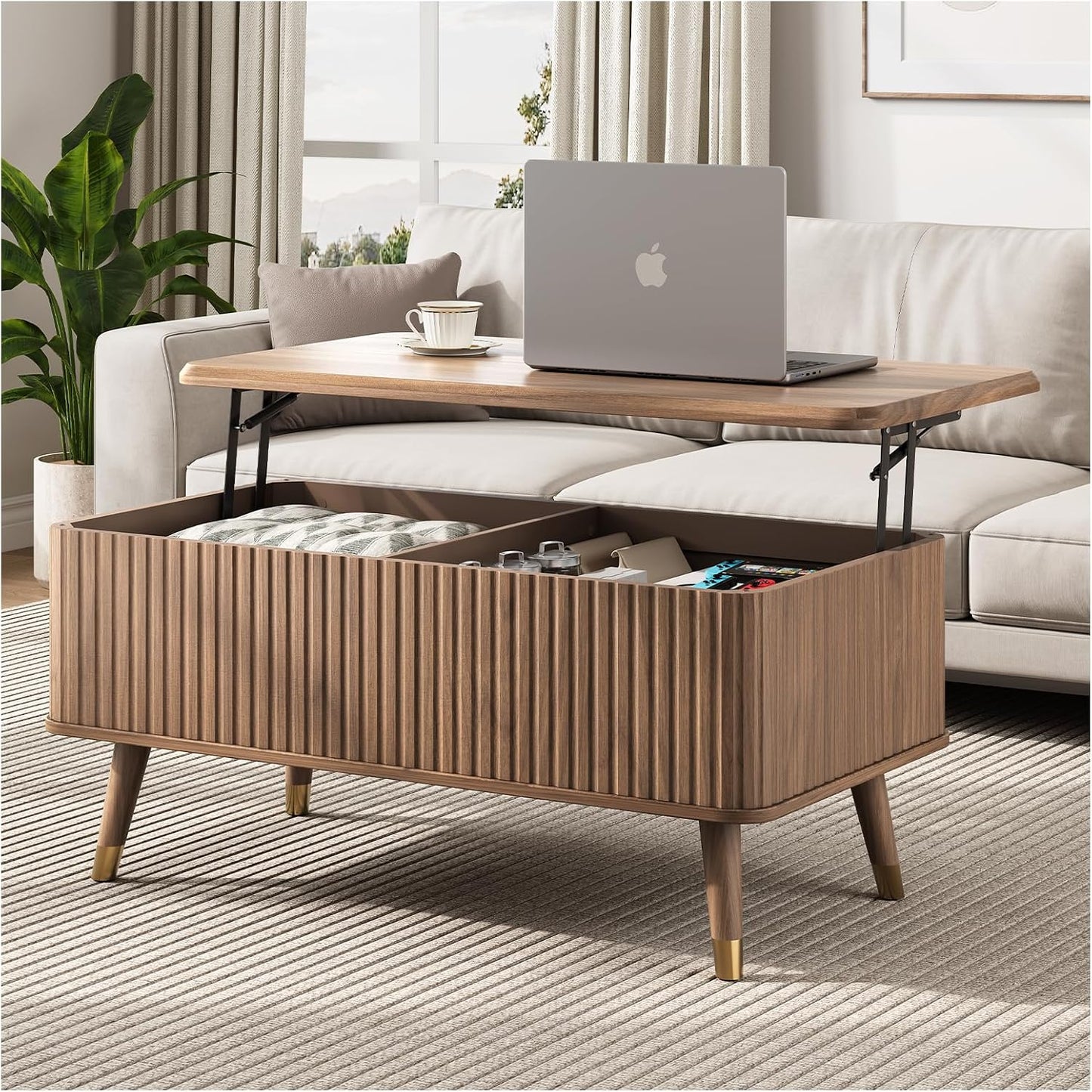 JOINICE 31.5" Round Coffee Table with Storage for Living Room, Walnut | Hidden Storage,Fluted Sliding Door,Mid Century Furniture for Small Apartments,Solid Wood Legs,Easy Assembly,Up to 110 lbs — Walnut_rectangle