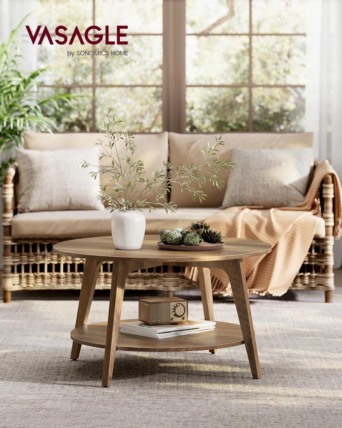 VASAGLE MAEZO Collection - Round Coffee Table, 2-Tier Center Table with Storage, Tapered Legs, Curved Transitions, 31.5 Dia. x 17.7 H Inches, Easy Assembly, for Living Room, Honey Brown ULCT243K41 — Honey Brown (2)