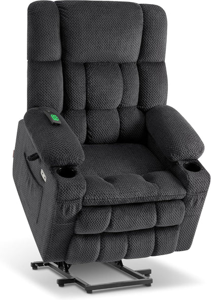 MCombo Dual Motor Power Lift Recliner Chair with Massage and Heat for Elderly People, Infinite Position, USB Ports, Cup Holders, Fabric 7890 (Medium, Dark Gray)