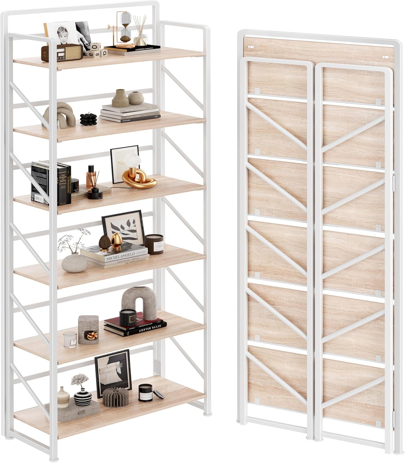 JSB No Assembly Folding Bookshelf, 4 Tier Industrial Metal Book Shelf for Storage, Vintage Wood Foldable Bookcase for Living Room, Bedroom, Office Organization Shelves — White / 6-Tier