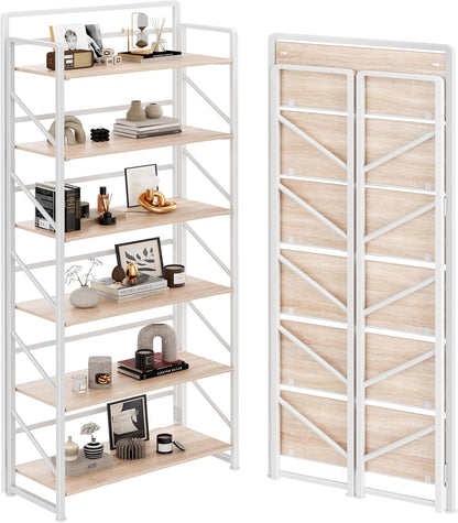 JSB No Assembly Folding Bookshelf, 4 Tier Industrial Metal Book Shelf for Storage, Vintage Wood Foldable Bookcase for Living Room, Bedroom, Office Organization Shelves — White / 6-Tier