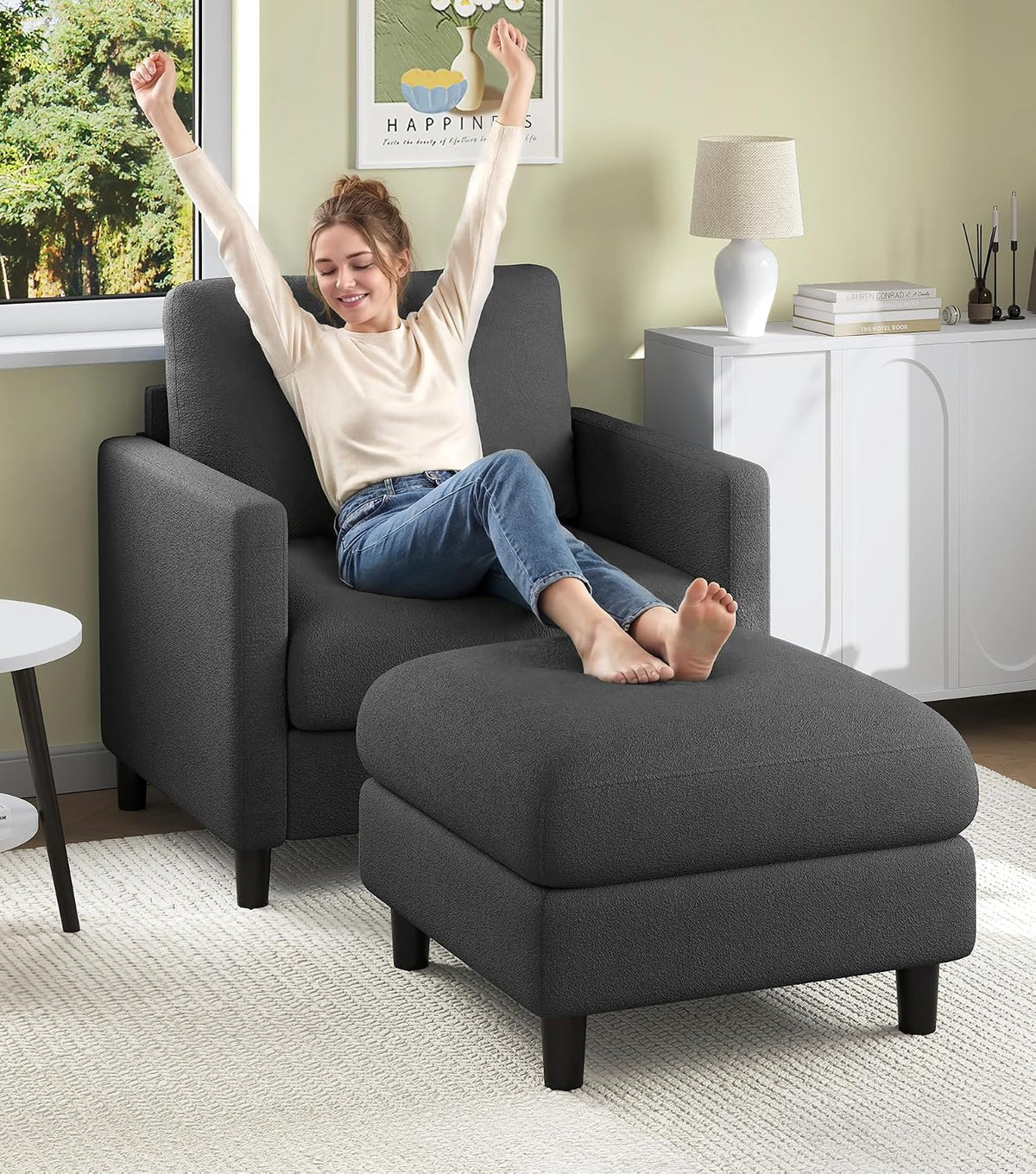 Welzona Sofa Accent Chair, 33" Reading Chair for Bedroom, Tool-Free Setup Living Room Accent Chairs, Comfy Arm Chairs Living Room, All-Wood Reading Nook, Beige — Grey / standard & ottoman