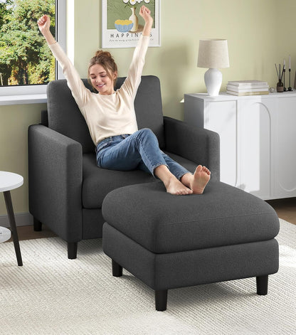 Welzona Sofa Accent Chair, 33" Reading Chair for Bedroom, Tool-Free Setup Living Room Accent Chairs, Comfy Arm Chairs Living Room, All-Wood Reading Nook, Beige — Grey / standard & ottoman