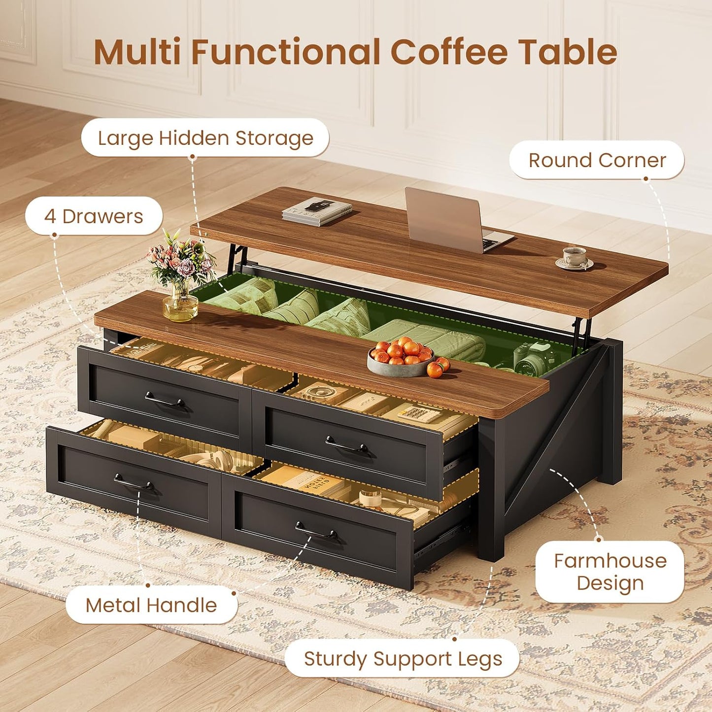 Itaar 47.2" Lift Top Coffee Table with Storage, Farmhouse Coffee Tables for Living Room with 4 Wood Drawers & Large Hidden Storage Space, Center Table for Living Room, Black + Brown — Black + Brown / 4 Drawers (4)