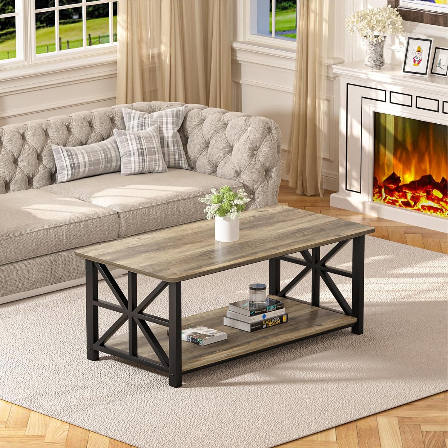 GreenForest Round Corners Coffee Table for Living Room | Rustic Style Center Table with Storage Shelf,39 Inch Space Saving Sofa Table,Easy Assembly,Gray Wash — Grey Wash / Rectangle (9)