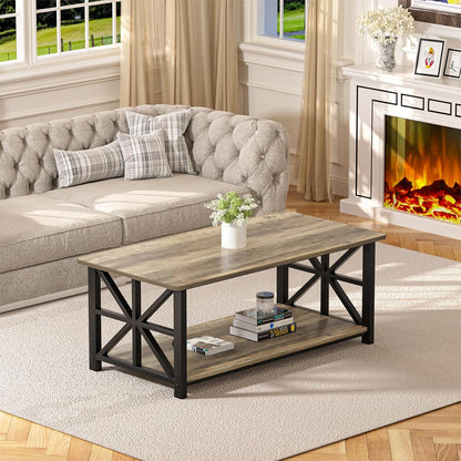 GreenForest Round Corners Coffee Table for Living Room | Rustic Style Center Table with Storage Shelf,39 Inch Space Saving Sofa Table,Easy Assembly,Gray Wash — Grey Wash / Rectangle (9)