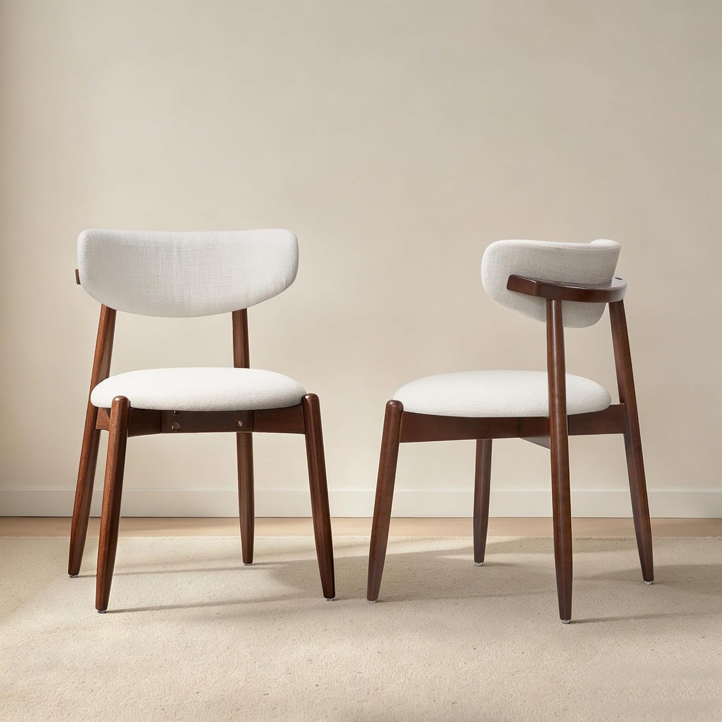 CHUN YI Dining Chairs Set of 4, Upholstered Wooden Dining Room Chairs, Mid Century Modern Fabric Kitchen Chair with Ergonomic Curved Backrest, Beige (Only Chairs) — Round-cream-walnut / Set of 2