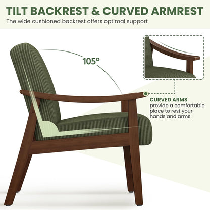 Yaheetech Corduroy Accent Chair, Mid-Century Modern Armchair with Solid Wood Legs, Reading Leisure Chair with High Back for Living Room Bedroom Waiting Room Dark Green — Dark Green / Corduroy Fabric (8)