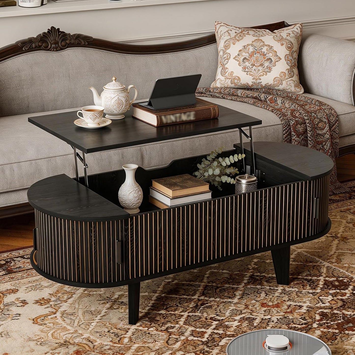 Oval Lift Top Coffee Table with Storage, 47.2" Mid Century Modern Living Room Center Table with 180° Sliding Tambour Door, Wood Fluted Coffee Table for Home Office, Walnut — Black / Oval