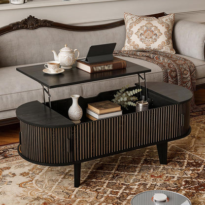 Oval Lift Top Coffee Table with Storage, 47.2" Mid Century Modern Living Room Center Table with 180° Sliding Tambour Door, Wood Fluted Coffee Table for Home Office, Walnut — Black / Oval