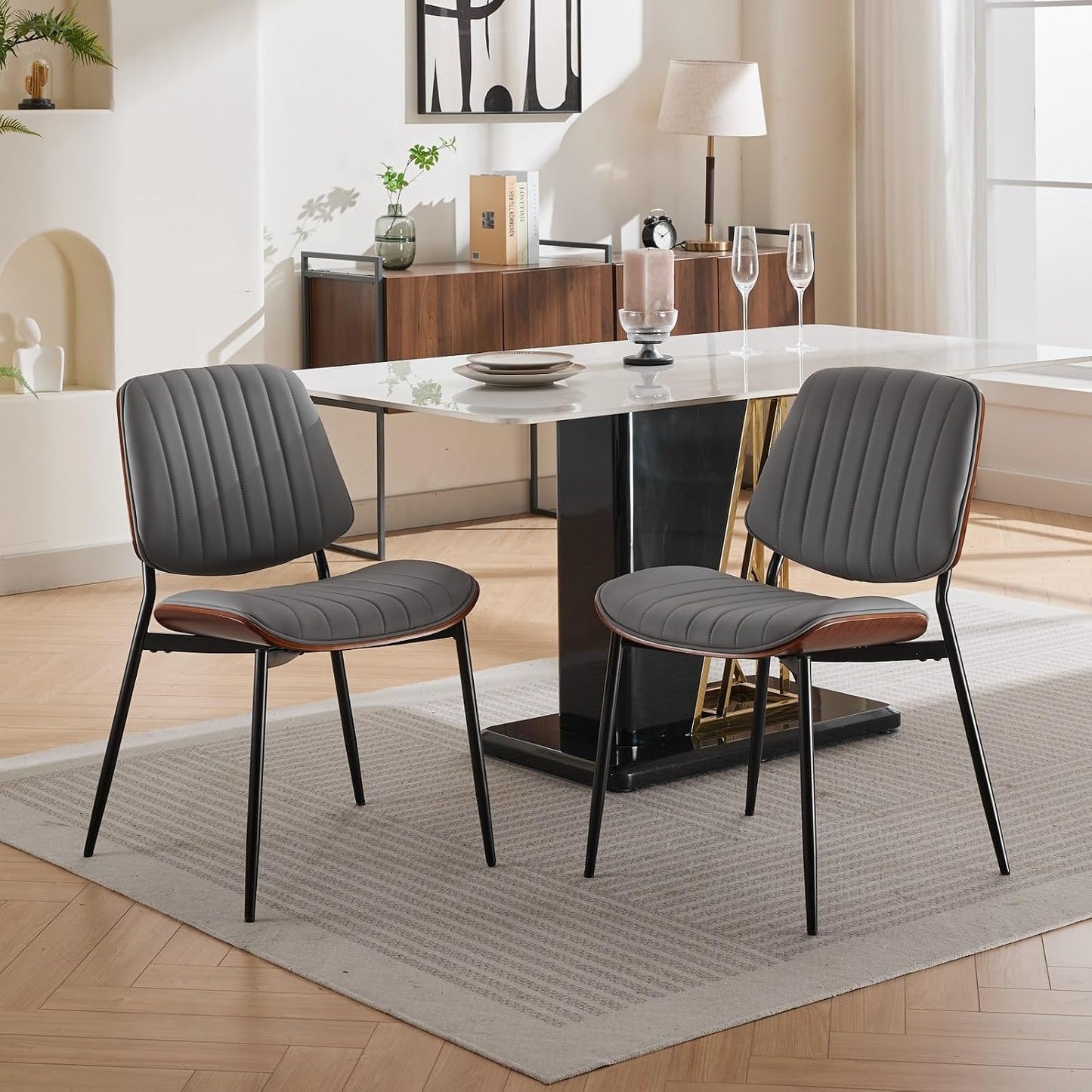 Dining Chairs Set of 4, Mid-Century Modern Upholstered PU Leather Chairs | with Walnut Bentwood Back and Metal Legs Adjustable Feet for Kitchen Dining Room, Camel Shell Strips — Gray Vertical Stripes / 2
