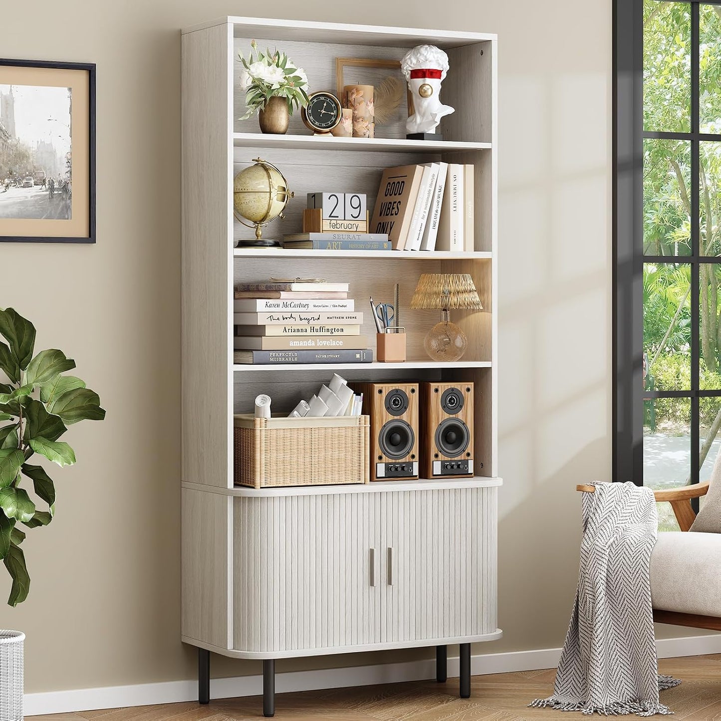 ONBRILL 71" Tall Bookshelf, 4-Tier Bookcase with Storage Cabinet & Adjustable Storage Shelf, Freestanding Wood Bookshelf with Sliding Door and Adjustable Footpad, for Home Office, Living Room, Walnut — Natural White