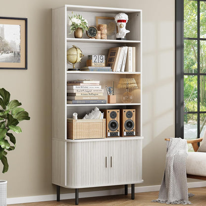 ONBRILL 71" Tall Bookshelf, 4-Tier Bookcase with Storage Cabinet & Adjustable Storage Shelf, Freestanding Wood Bookshelf with Sliding Door and Adjustable Footpad, for Home Office, Living Room, Walnut — Natural White