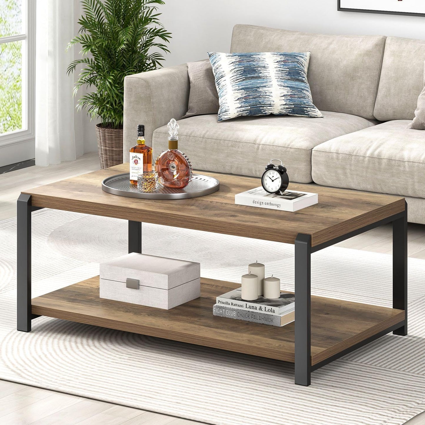 EXCEFUR Modern Coffee Table, Industrial Wood and Metal Center Table, Cocktail Tea Tables for Living Room, Rustic Brown — Rustic Oak