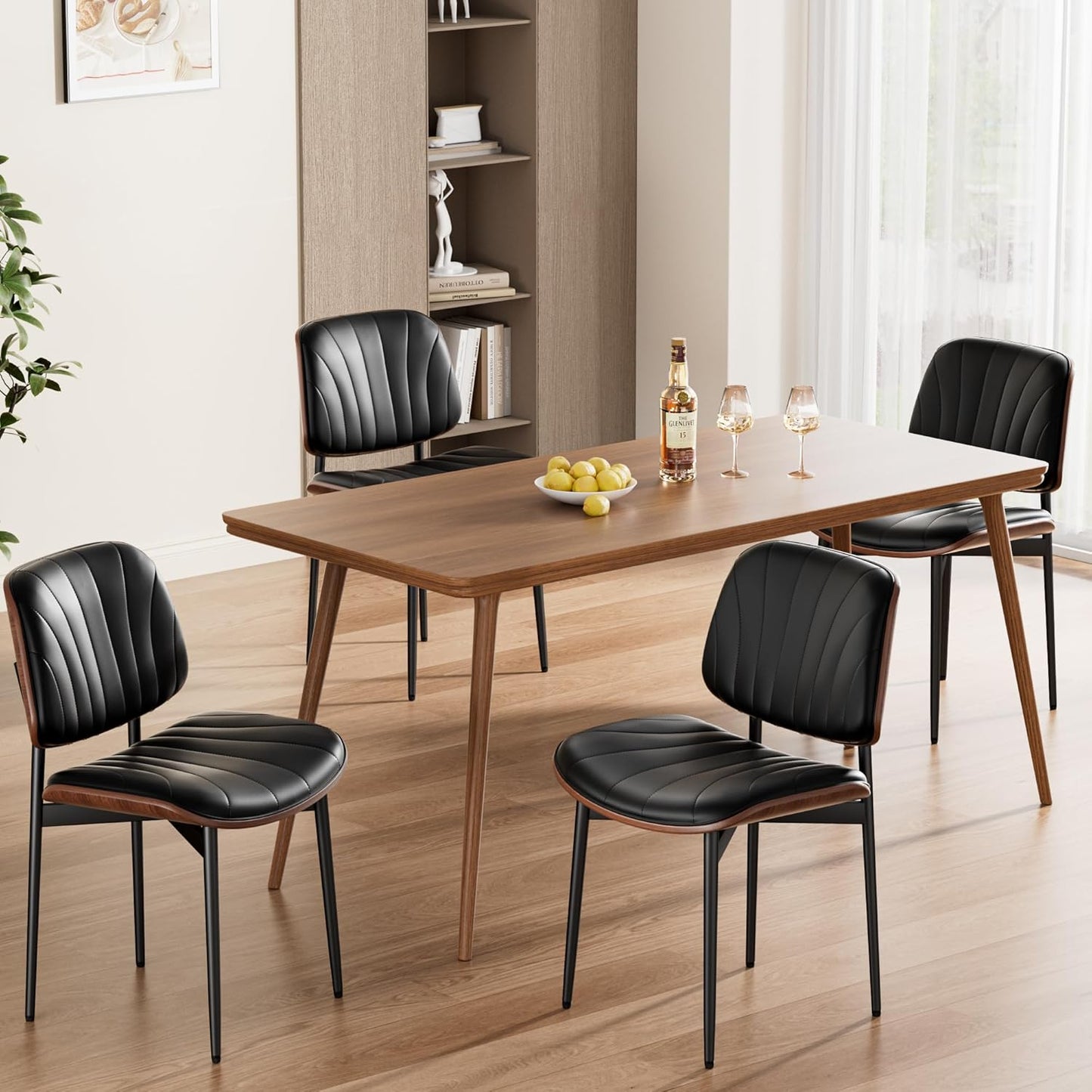 Dining Chairs Set of 4, Mid-Century Modern Upholstered PU Leather Chairs | with Walnut Bentwood Back and Metal Legs Adjustable Feet for Kitchen Dining Room, Black Shell Strips — Black Shell Strips / 4