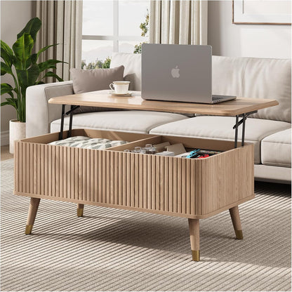 JOINICE 31.5" Round Coffee Table with Storage for Living Room, Walnut | Hidden Storage,Fluted Sliding Door,Mid Century Furniture for Small Apartments,Solid Wood Legs,Easy Assembly,Up to 110 lbs — Oak_rectangle