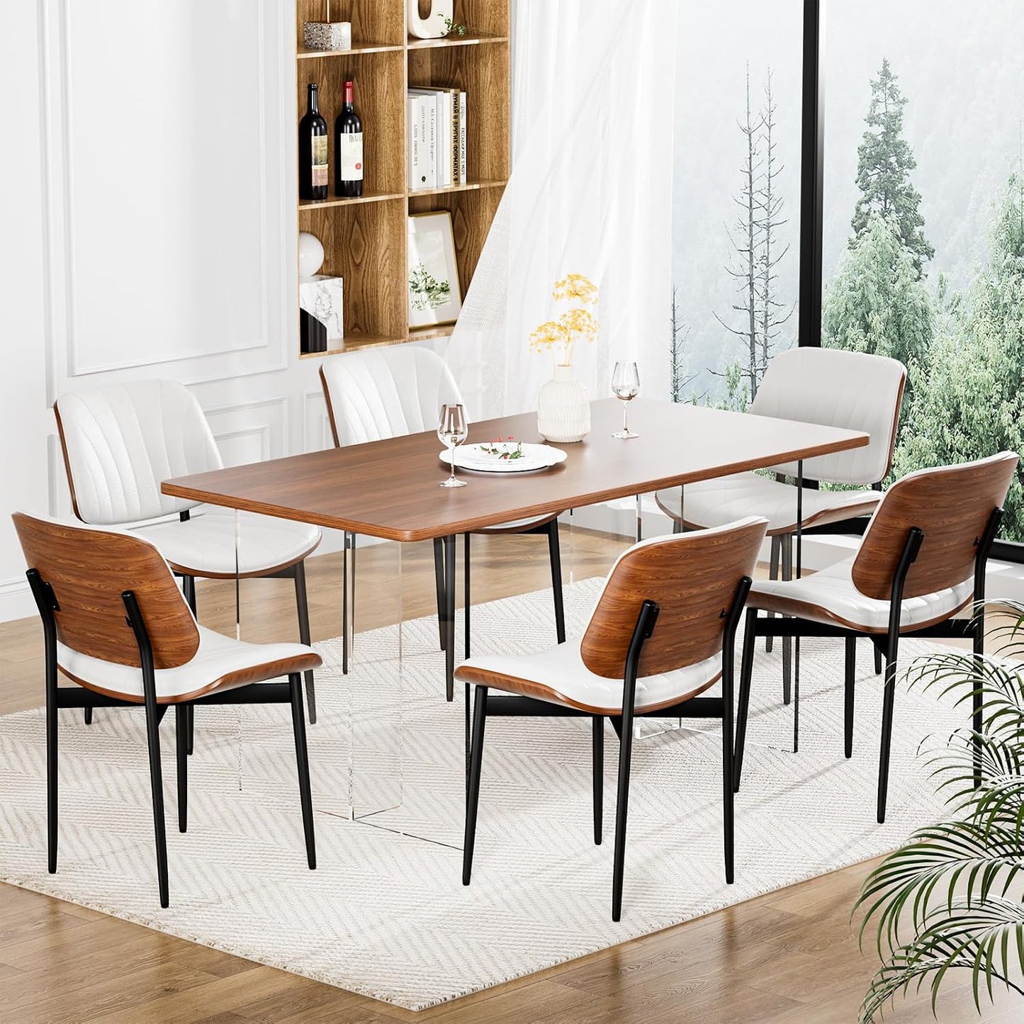 YaFiti Mid Century Dining Chairs Set of 4 with Walnut Bentwood, Greige | Ergonomic Walnut Backrest, Upholstered Waterproof PU Leather Seat, Stable Metal Legs, Adjustable Footpads, Apartment Friendly — White Scallop / 6