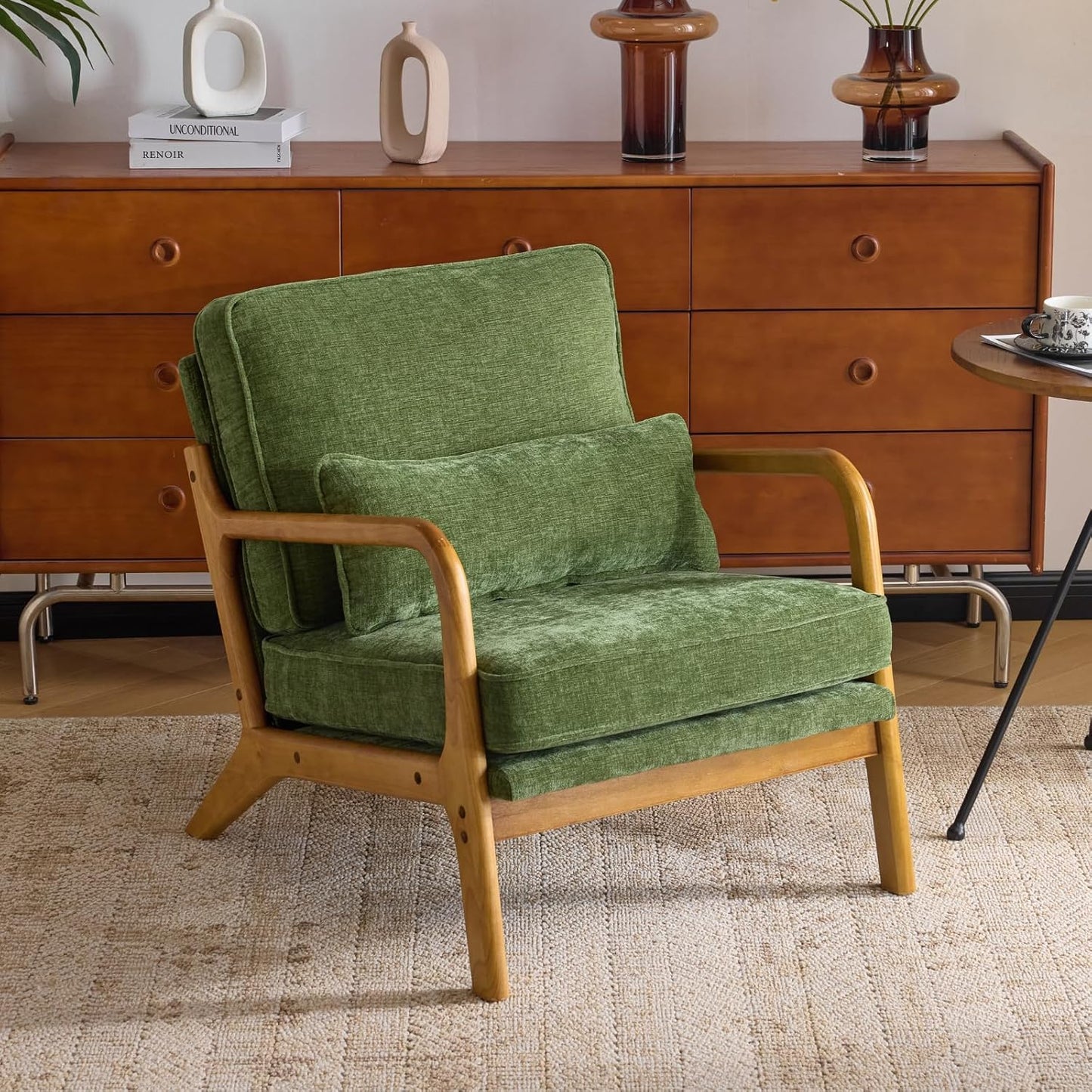 Karl home Mid-Century Modern Accent Reading Chair, Beige | Linen Upholstered, Solid Wood Frame, Soft Cushion, Lumbar Pillow, Lounge Armchair for Living Room, Bedroom, Balcony, Study — Chenille Olive Green