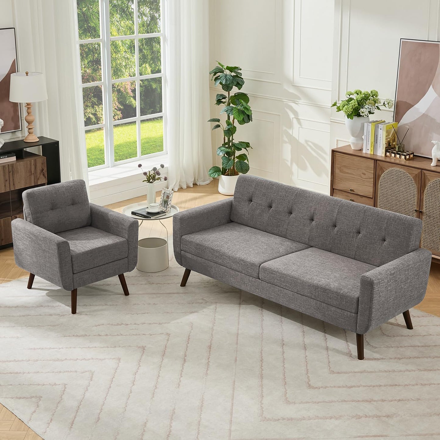 Tbfit Linen Fabric Single Sofa, Accent Chair, Mid Century Modern Armchair for Living Room, Bedroom Button Tufted Upholstered Comfy Reading Sofas, Beige