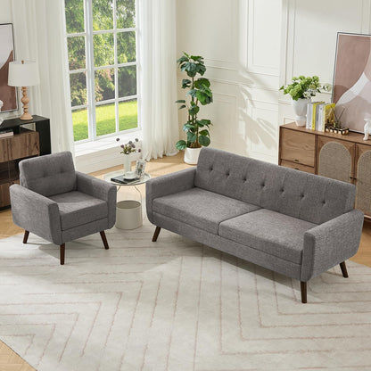 Tbfit Linen Fabric Single Sofa, Accent Chair, Mid Century Modern Armchair for Living Room, Bedroom Button Tufted Upholstered Comfy Reading Sofas, Beige