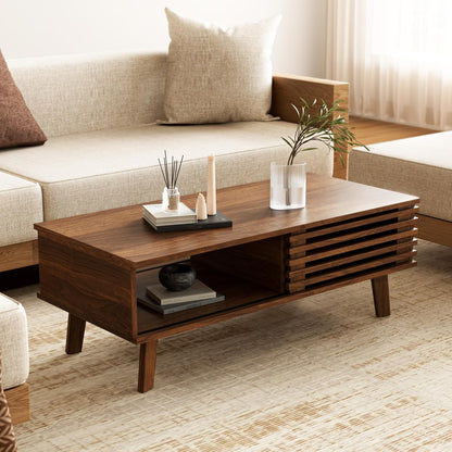 Furniway Mid Century Modern Coffee Table, Wood Coffee Table with Storage, Farmhouse Table for Living Room, Apartment, Walnut — Walnut