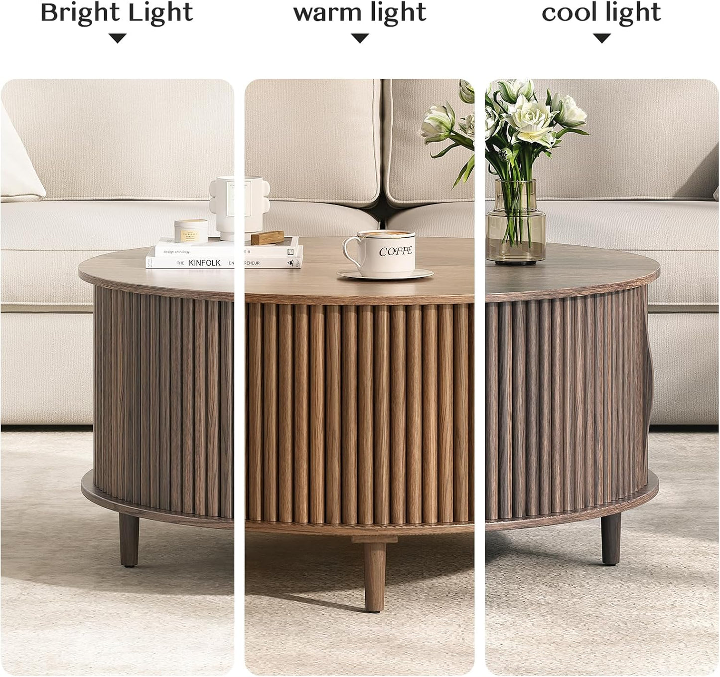 JOINICE 31.5" Round Coffee Table with Storage for Living Room, Walnut | Hidden Storage,Fluted Sliding Door,Mid Century Furniture for Small Apartments,Solid Wood Legs,Easy Assembly,Up to 110 lbs — Walnut_round (9)