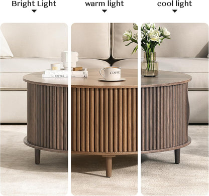 JOINICE 31.5" Round Coffee Table with Storage for Living Room, Walnut | Hidden Storage,Fluted Sliding Door,Mid Century Furniture for Small Apartments,Solid Wood Legs,Easy Assembly,Up to 110 lbs — Walnut_round (9)