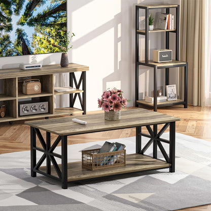 GreenForest Round Corners Coffee Table for Living Room | Rustic Style Center Table with Storage Shelf,39 Inch Space Saving Sofa Table,Easy Assembly,Gray Wash — Grey Wash / Rectangle (7)