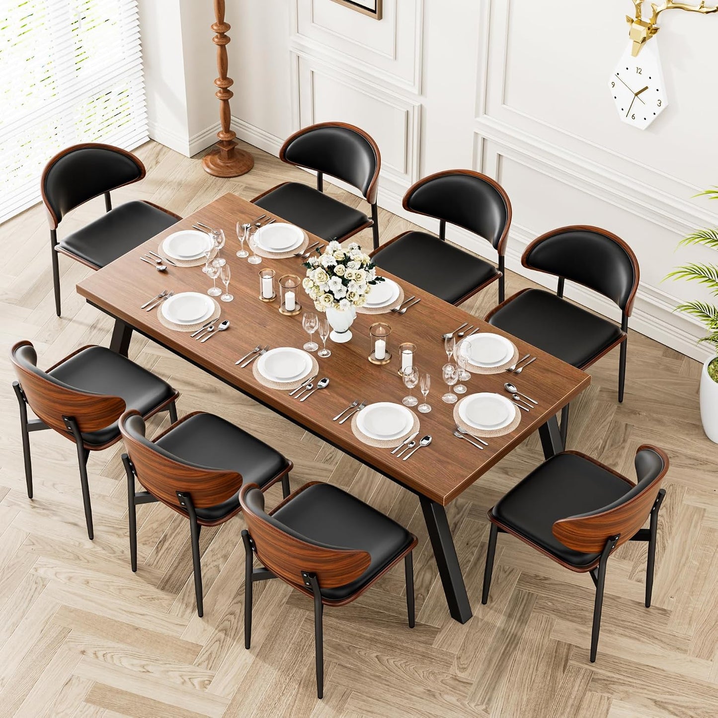 YaFiti Mid Century Dining Chairs Set of 4 with Walnut Bentwood, Greige | Ergonomic Walnut Backrest, Upholstered Waterproof PU Leather Seat, Stable Metal Legs, Adjustable Footpads, Apartment Friendly — Black Pu / 8