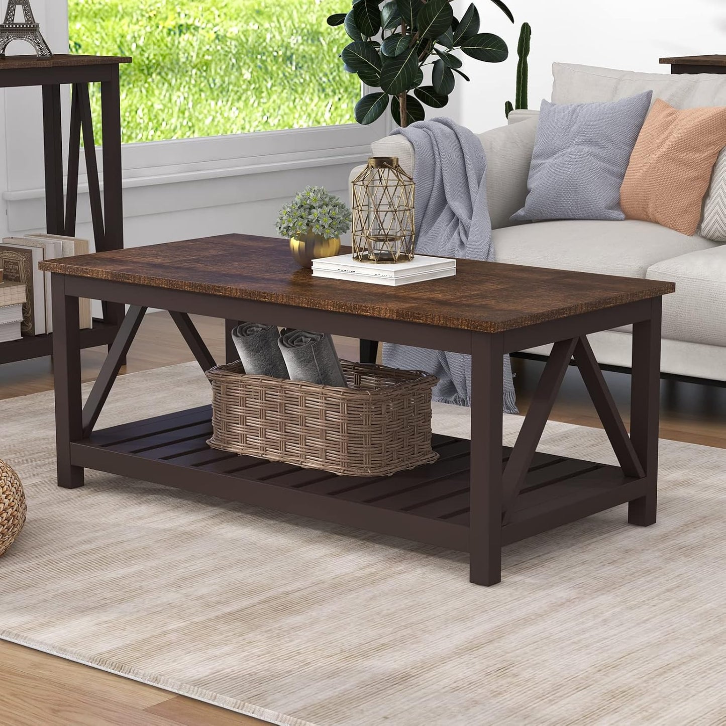 ChooChoo Farmhouse Coffee Table, Rustic Vintage Living Room Table with Shelf, 40 White — Espresso / 40 Inches