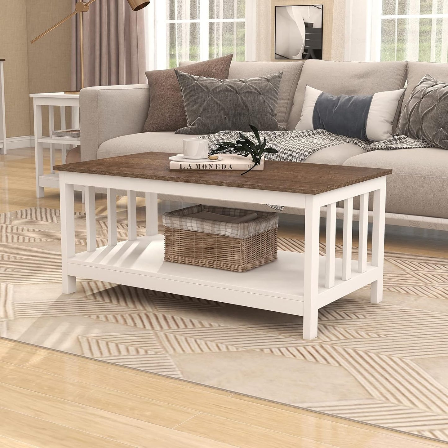 ChooChoo Mission Coffee Table, Black Wood Living Room Table with Shelf, 40 Black — White / 22"D x 39.9"W x 18.1"H