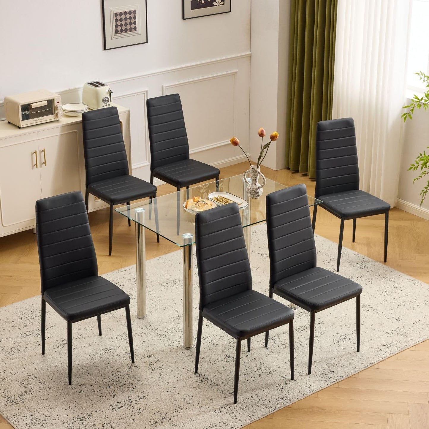 Karl home Dining Chairs Set of 4, PU Leather & High Back, Black | Black kitchen chairs with padded seats & foot cap protection for dining kitchen living room,300lbs capacity,space-saving — Black / Set of 6