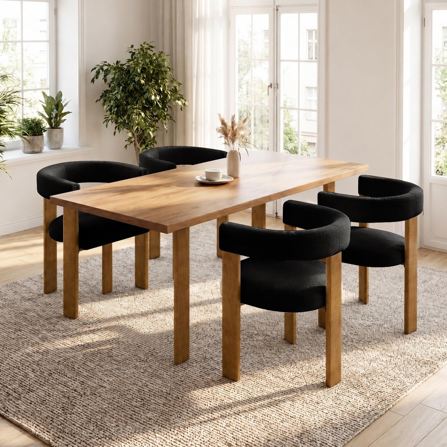 VIRRMO Boucle Dining Chair Set of 4 Corduroy Upholstered Dining Room Chairs Kitchen Chairs with Metal Legs Mid Century Modern Chair for Dining Room, Kitchen (Cream, 4) — Wood-black / 4
