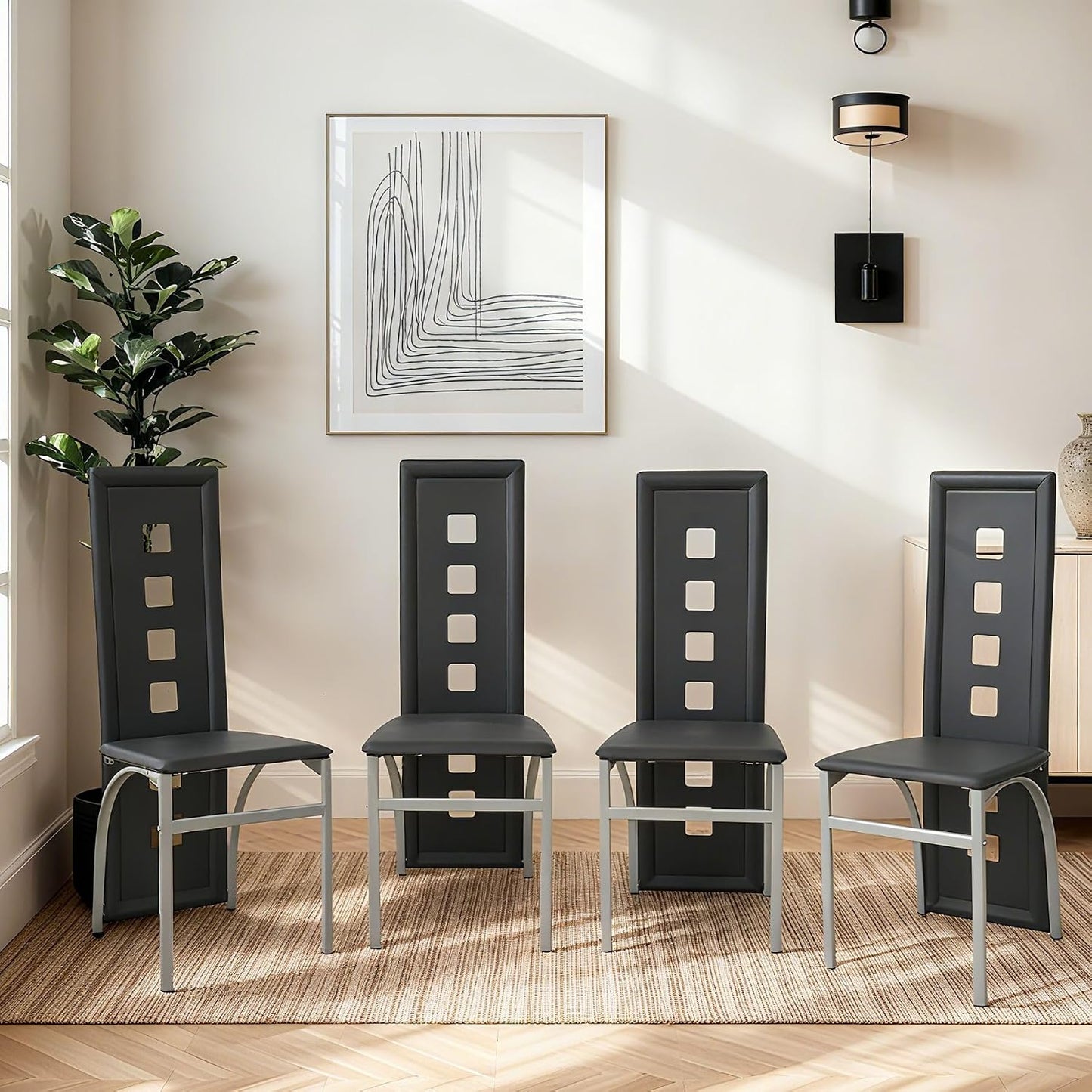 Karl home Dining Chairs Set of 4, PU Leather & High Back, Black | Black kitchen chairs with padded seats & foot cap protection for dining kitchen living room,300lbs capacity,space-saving — Black / Set of 4(1)