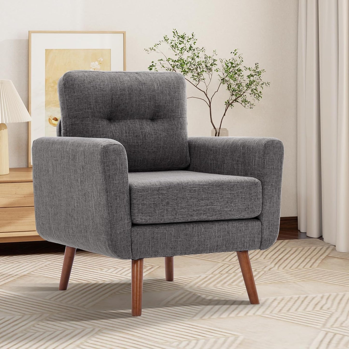 Tbfit Linen Fabric Single Sofa, Accent Chair, Mid Century Modern Armchair for Living Room, Bedroom Button Tufted Upholstered Comfy Reading Sofas, Beige