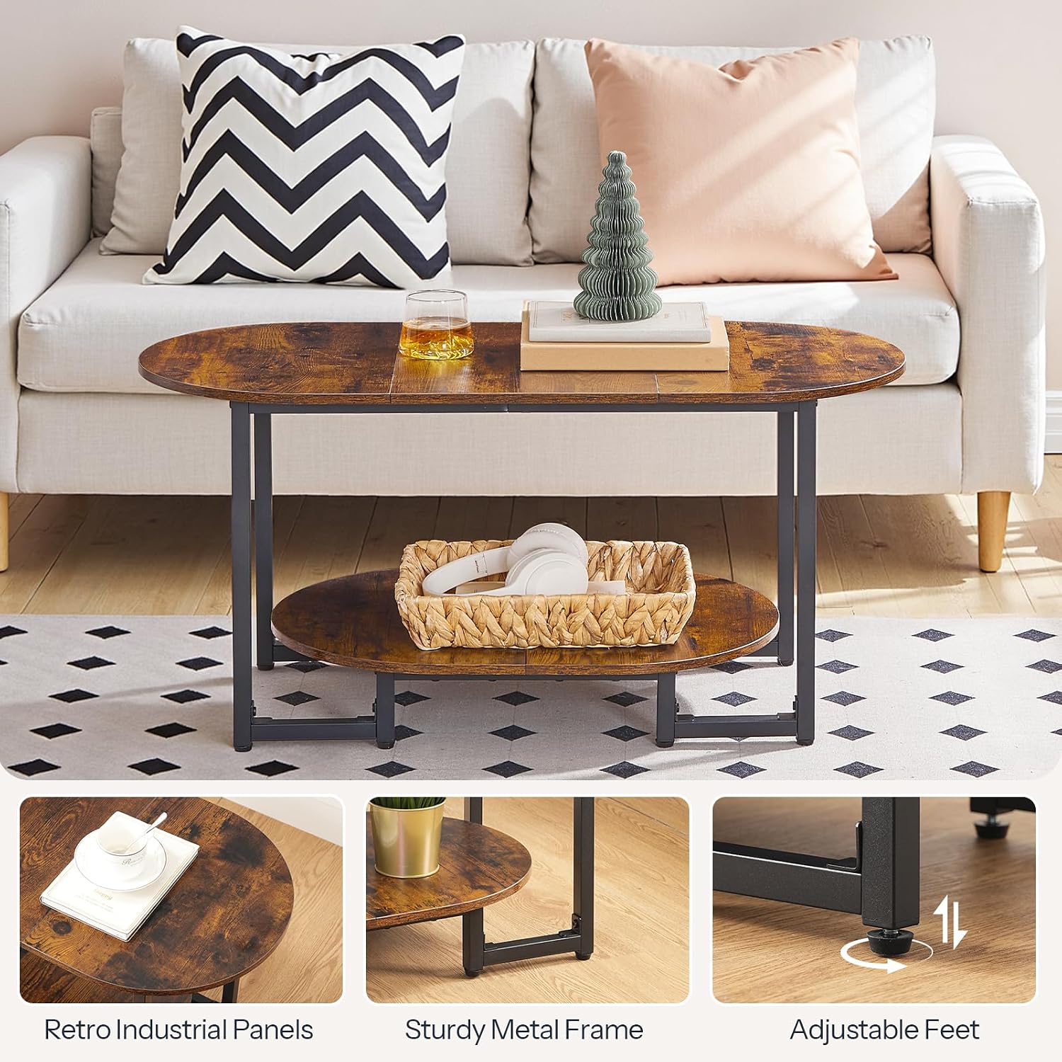 HOOBRO Coffee Table for Living Room, Oval Small Coffee Table with 2-Tier Open Storage Shelf, Industrial Cocktail Tea Table, Wooden Desktop Center Table, Farmhouse, Home Office, Rustic Brown BF09KF01 — Rustic Brown (7)