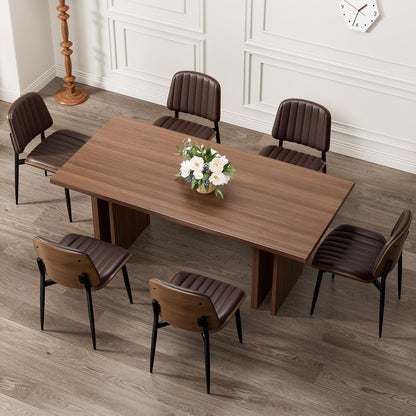 Dining Chairs Set of 4, Mid-Century Modern Upholstered PU Leather Chairs | with Walnut Bentwood Back and Metal Legs Adjustable Feet for Kitchen Dining Room, Black Shell Strips — Dark Brown Vertical Stripes / 6