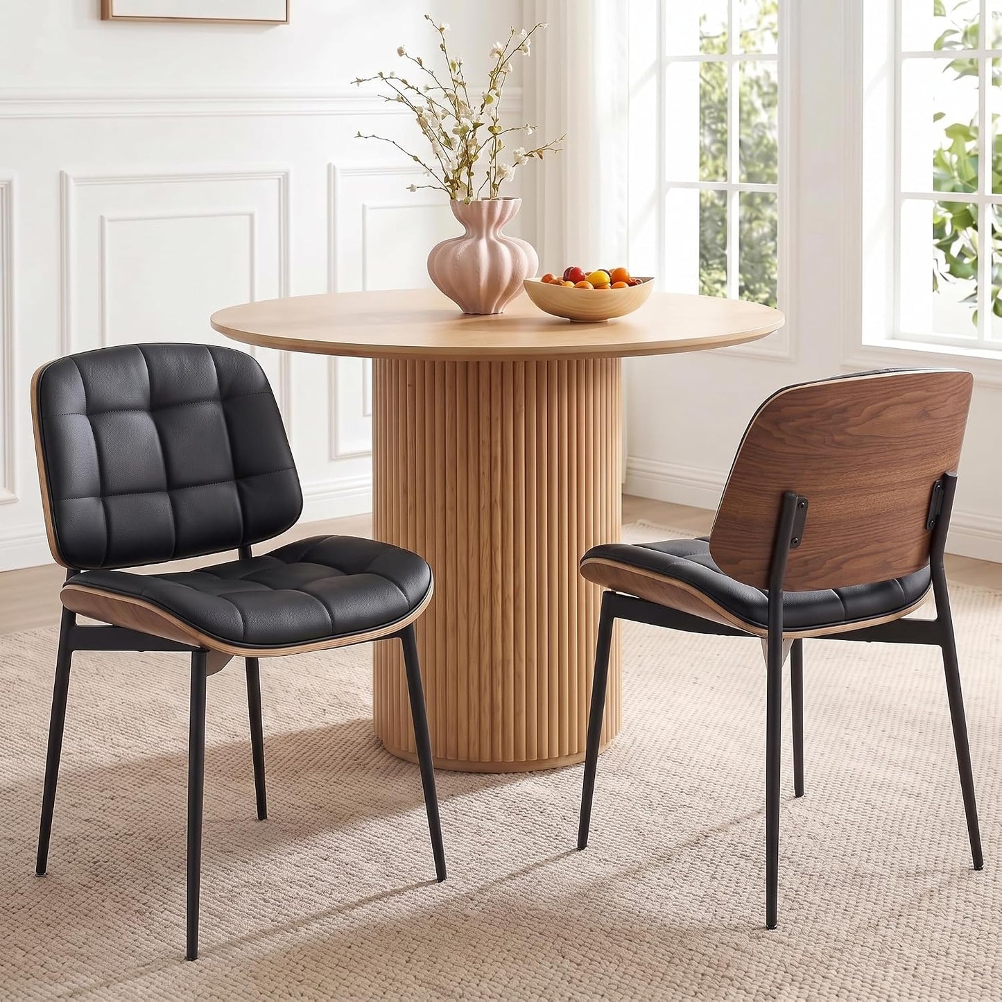GrandNoor Mid Century Modern Dining Chairs with Walnut Grain Back, Brown Faux Leather Dining Room Chairs Set of 2, Checkered Soft Cushion Kitchen Chairs with Adjustable Foot Pads — A-black / Set of 2