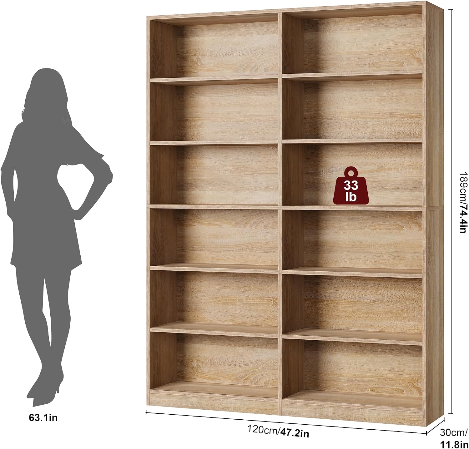 FACBOTALL Bookshelf and Bookcase, 6-Tier Double Wide Bookshelves,Freestanding Display Storage Shelves, Tall Bookcases for Home Decor Bedroom, Living Room, Home Office, Light Oak — Light Oak (3)
