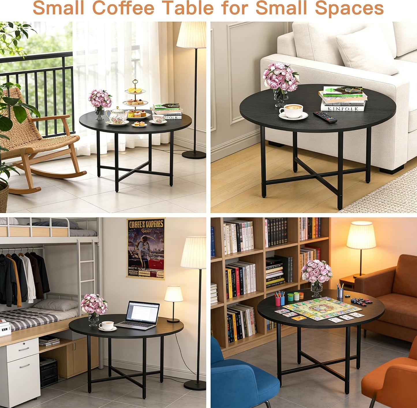 FAMIDGE Coffee Table, 23.6" Coffee Tables for Living Room, Round Coffee Table with Metal Frame, Floor Table for Sitting on The Floor, Home, Office, Black — Black / 1 Tier (6)